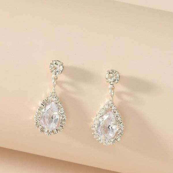 Moda, Pendientes Cortos De Gota De Agua Con Temperamento, Pendientes De BotóN Completamente De Diamante VersáTiles Para Mujer Plata-image