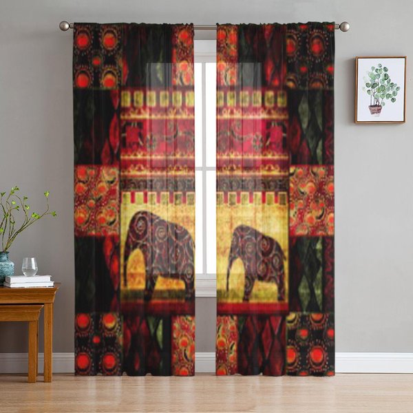 Patchwork Estampado Grunge Africano Vintage Retro Cortinas Transparentes De Gasa Para Sala De Estar Dormitorio Cortina De Ventana Voiles Tul Cortinas 135W X 114H(Cm) Brown-image