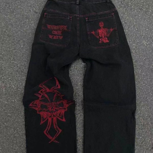 Y2K DżInsy MęSkie Hip Hop Retro Haft Z Czaszką Sprane, LuźNe Spodnie DżInsowe Nowe Proste Na Co Dzień LuźNe Spodnie Z Szeroką Nogawką Streetwear Xl-image