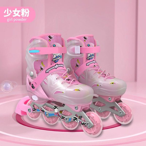 Patines Profesionales De Una Sola Fila Con Ruedas Rectas De Pu, Ajustables, Para NiñOs Y Mujeres. S (Size 27-32) Color Rosa-image