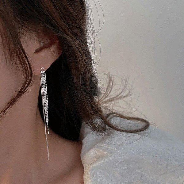 Pendiente Largo De Cadena Con Borla De Plata De Ley 925 Para Mujeres NiñAs Fiesta JoyeríA Elegante Eh244 Black-image