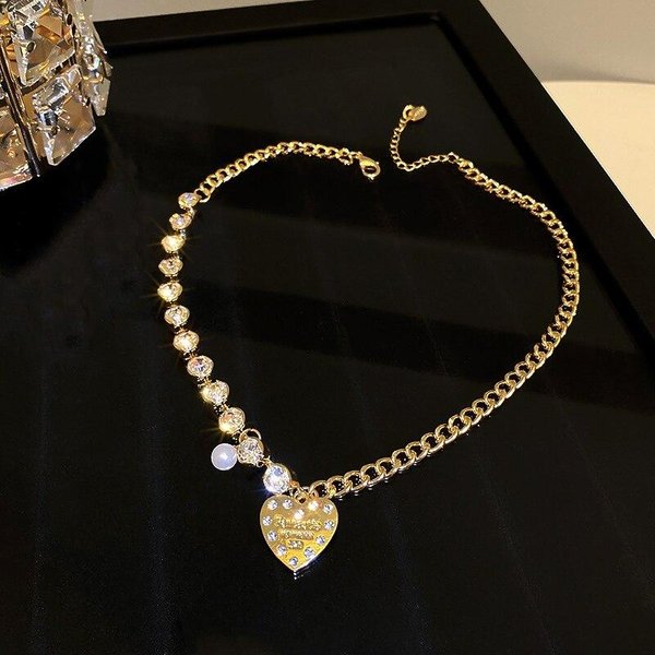 Nueva Moda Oro Real 14K CorazóN Cristal Perla Cadena Colgante Collar Para Mujer JoyeríA De Circonita De Alta Calidad Regalo De Fiesta Oro-image