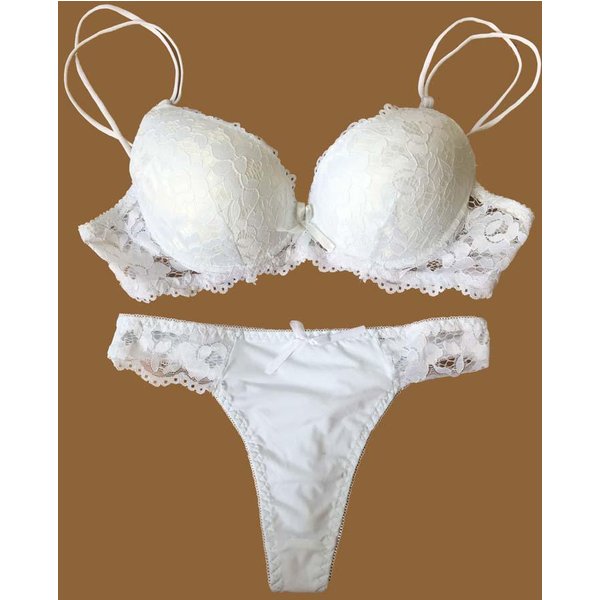 Koronkowy Biustonosz Stringi Komplet Bielizny Push Up Zestaw Bielizny Damskiej Hollow Lace Intimates Biustonosze I Komplet Majtek 34C BiałY-image