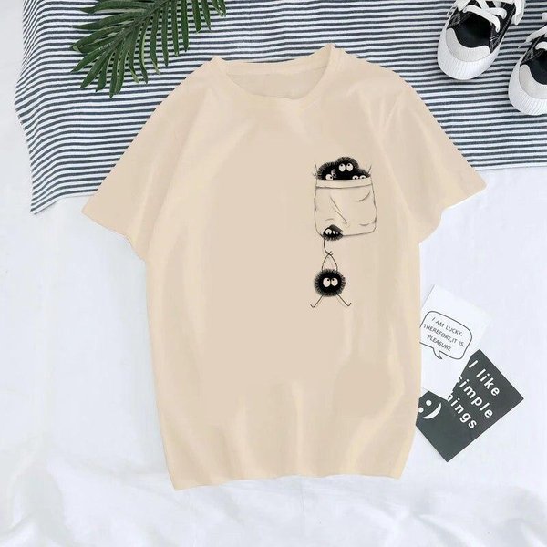 Camiseta Unisex Anime AñOs 90 Totoro Harajuku Ullzang Mujer Camiseta Miyazaki Hayao El Viaje De Chihiro Camiseta Tops Feunisex L Beige-image