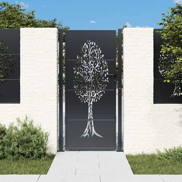 Vidaxl Furtka Ogrodowa, Antracytowa, 105X180 Cm, Stal, Motyw Drzewa Gray-image