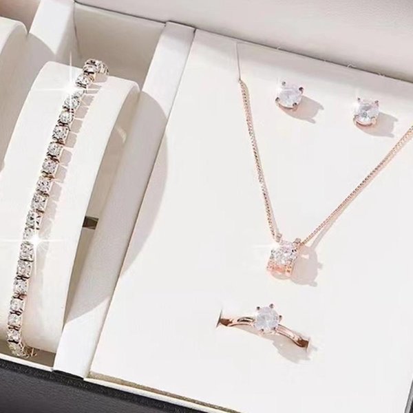 5 Sztuk Eleganckie Zestawy BiżUterii KryształOwej Dla Kobiet Naszyjnik Kolczyki PierśCionek Bransoletka KsiężNiczka BiżUteria śLubna Zestaw śLubny Walentynki A3 White-image