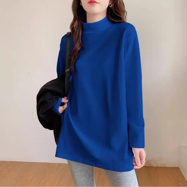 Camiseta Interior De Cuello Semitortuga Para Mujer OtoñO E Invierno Talla Grande Holgada De Manga Media Y Larga XXL Blue-image