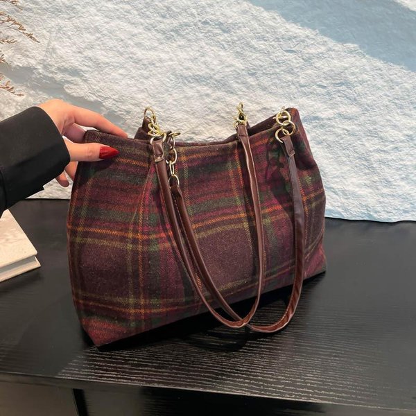 Bolso Sobaco De Lana A Cuadros Para Mujer Nuevo Bolso Tote De Gran Capacidad Moda Para Viajeros Retro Bolso De Mano De Un Hombro-image