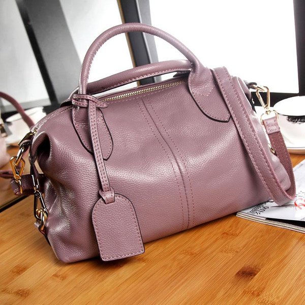 Bolso De Mujer De Cuero Genuino Nuevo Estilo Boston Europeo Y Americano Bolso De Mano Cruzado Bolso De Hombro Retro Gray-image