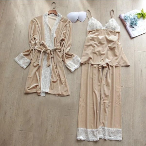 Conjunto De Tres Piezas Para Mujer CáLido Camisola PantalóN Bata Ropa De Noche De Terciopelo Adorno De Encaje Traje De Pijama Ropa Sexy Para El Hogar Acogedora Ropa De Descanso De Invierno XL Beige-image