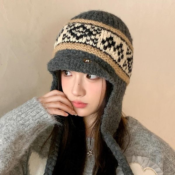 Estilo De Sombrero Para Mujer Estilo ÉTnico MáS Terciopelo Tejido De Lana Sombrero Estilo Coreano Moderno VersáTil ProteccióN Para Orejas Y CáLido Sombrero Lei Feng One Size Gray-image