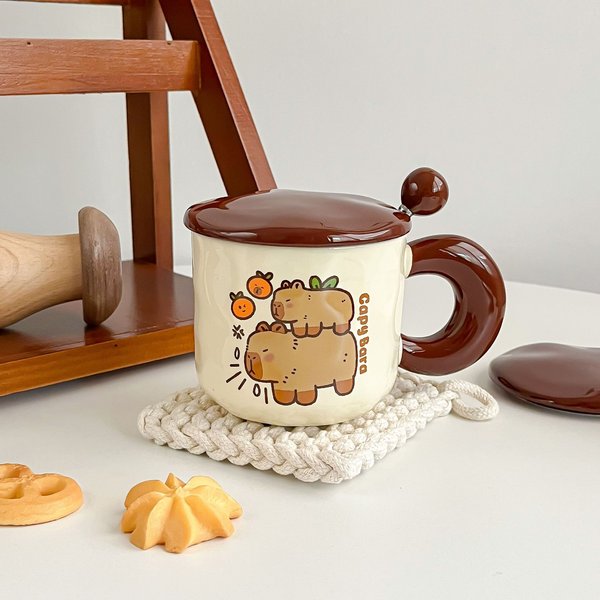 Karta Barak Kubek Z Pokrywką ŁYżEczka Kreatywny Kubek ŚLiczny Ceramiczny Kubek Do Wody Dziewczyna Dom Biuro Kubek Do Kawy 301-400Ml-image