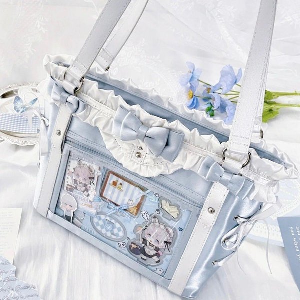 Jiaerdi Lolita Urocza Torebka Na Ramię Z Kokardką Damska Harajuku SkóRzana Kwadratowa DużA Pojemność Ita Bag Anime Uchwyt Portmonetka Torba Tote 35X24X10Cm Niebieski-image