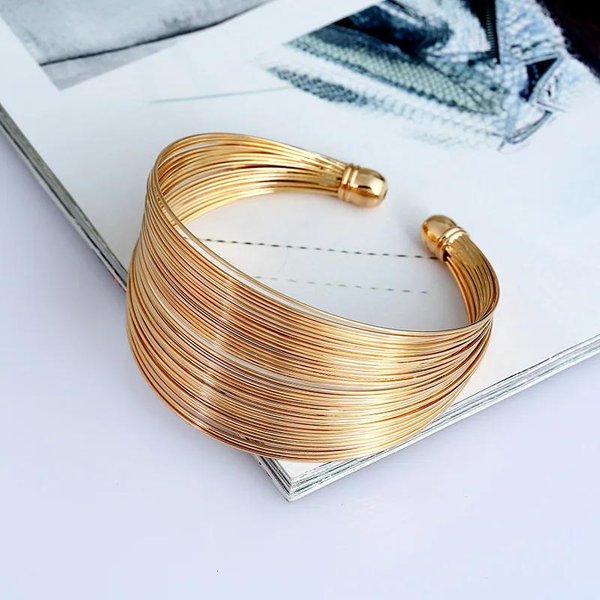 Bransoletki Ze Stali Nierdzewnej Fashion Wire Wrap Otwarta Szeroka Bransoletka Mankaż Dla Kobiet BiżUteria Vintage Metalowa Bransoletka Damska Beige-image