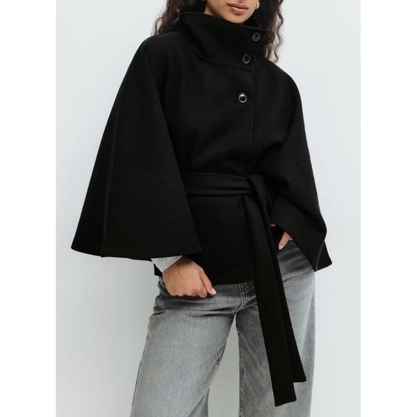 Bitced Damskie Vintage Casual Jednolity Kolor Nadruk Jesień Zima DłUgi RęKaw Kurtki & PłAszcze MięDzynarodowy Design M Czarny-image