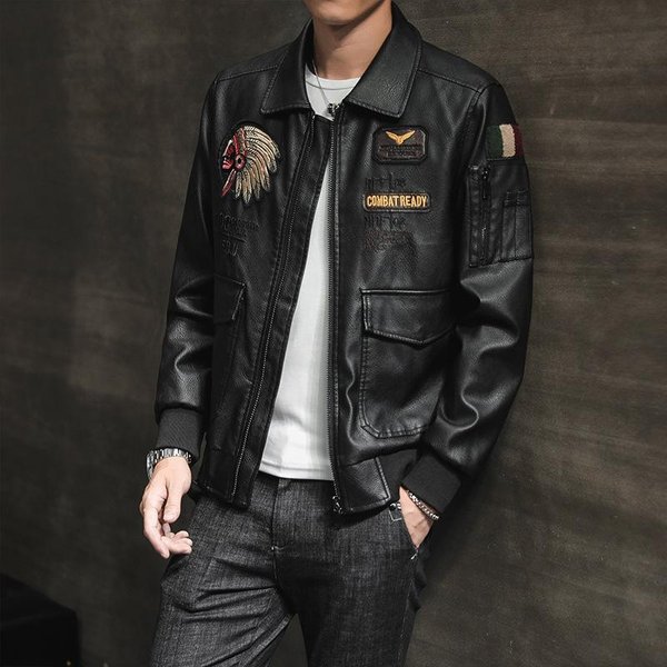 Kurtka SkóRzana MęSka Jesień Nowa Europejska I AmerykańSka Punk Casualowa Haftowana SkóRzana Kurtka MłOdzieżOwa Kurtka Motocyklowa MęSka Kurtka Trend 2XL Black-image