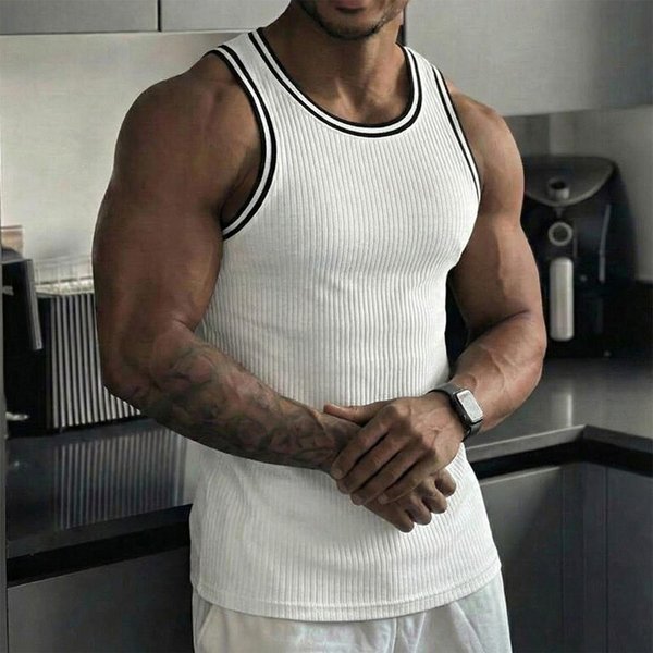 Camiseta Sin Mangas De Punto Acanalado Para Hombre, Camiseta AtléTica Sin Mangas Con Ribete De Contraste, Cuello Redondo, Ropa Deportiva, Chaleco De Ajuste Casual M-image
