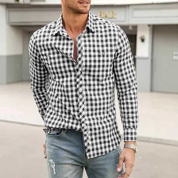 Camisa Informal Transpirable De Manga Larga A Cuadros Para Hombre Con Cuello Solapa E ImpresióN 3D 2XL Black-image