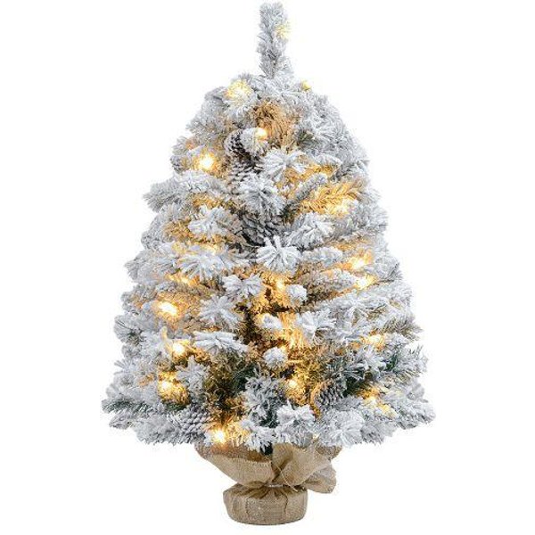 Homcom ÁRbol De Navidad 92 Cm, Luces Led, Ramas Nevadas, PiñAs, IgníFugo, Base De HormigóN-image