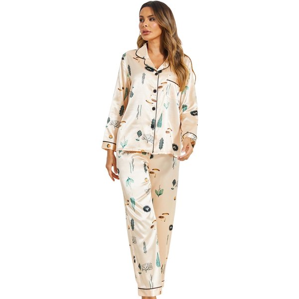 Conjunto De Pijama De OtoñO Para Estar En Casa, Pantalones De Manga Larga, SatéN Estampado, Ropa De Noche, Holgado, Casual, Ropa Para Dormir, Solapa Sexy Para Mujer 2XL Beige-image