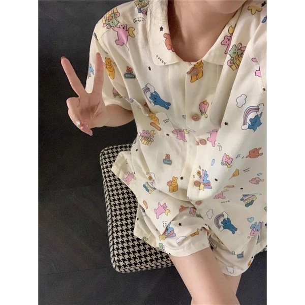 Pijama De Mujer Verano Manga Corta Conjunto De Ropa De Dormir Estampado De Oso Lindo De Dibujos Animados Pijama Mujer Conjunto De Ropa De Noche Para El Hogar Con Volantes CáRdigan XXL Gray-image