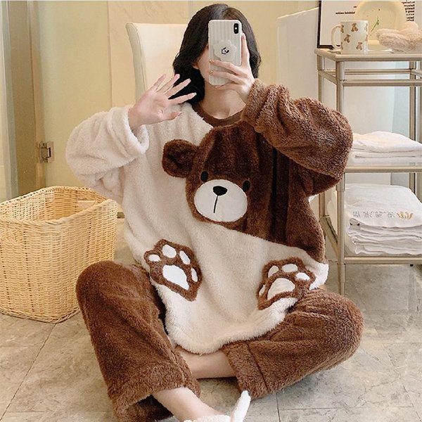 Conjunto De Pijama De Franela Para Mujer OtoñO E Invierno Pijama Con Estampado De Oso Lindo Conjunto De Ropa Para El Hogar Talla Grande Pijama Para NiñAs Pijama Para Mujer M Black-image