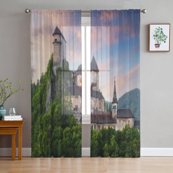 Castillo De Eslovaquia Al Atardecer Cortinas Transparentes De Tul Para Sala De Estar La HabitacióN Dormitorio DecoracióN De Cocina Cortinas De Voile Organza 135W X 114H(Cm) Gray-image