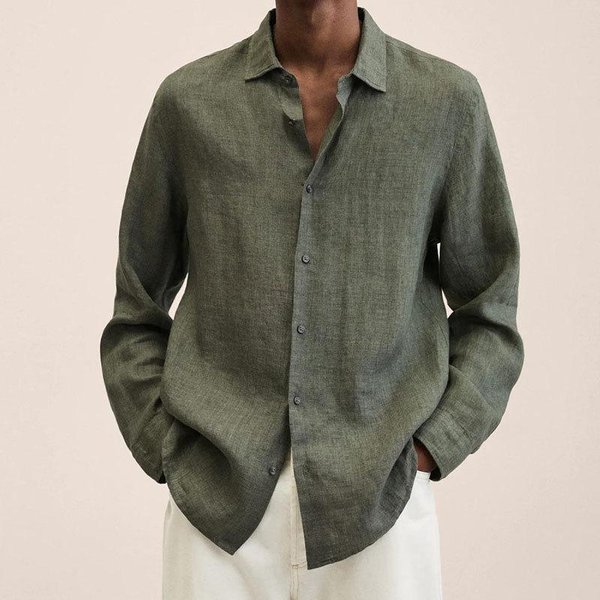 Camisa De AlgodóN Y Lino De Manga Larga Con Cuello En V Holgada De Botones Para OtoñO Camisa Moda Masculina Blusa Casual Camisa De Color SóLido XXL-image