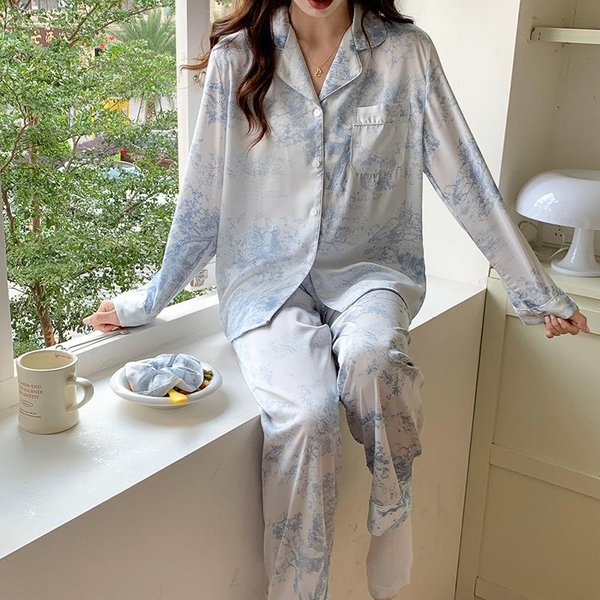 Ropa De Casa Sexy Para Mujer Pijama De Manga Larga Estampado Pijama Casual Dulce Lindo Ropa De Casa Suelto Pijama De SatéN De Seda XL Gray-image