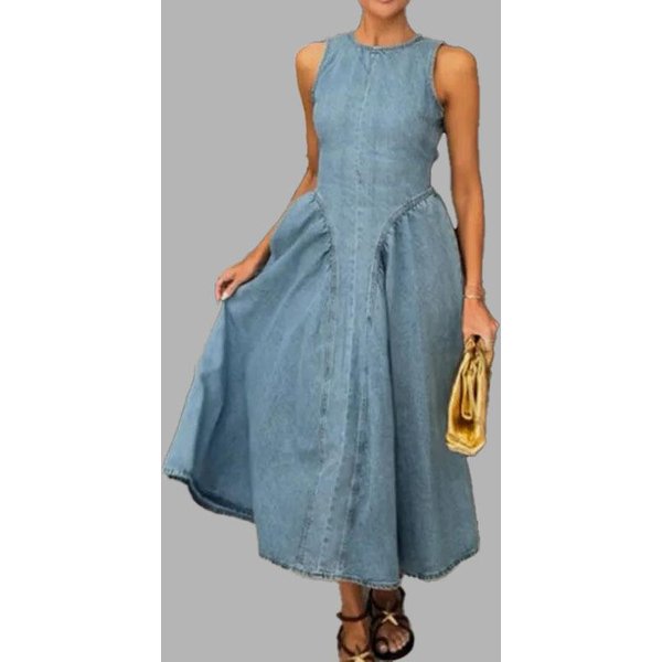 Wiosenna Moda Nowa Damska Codzienna Temperamentna Elegancka Dopasowana Bez RęKawóW Francuska Sukienka 3XL Niebieski-image