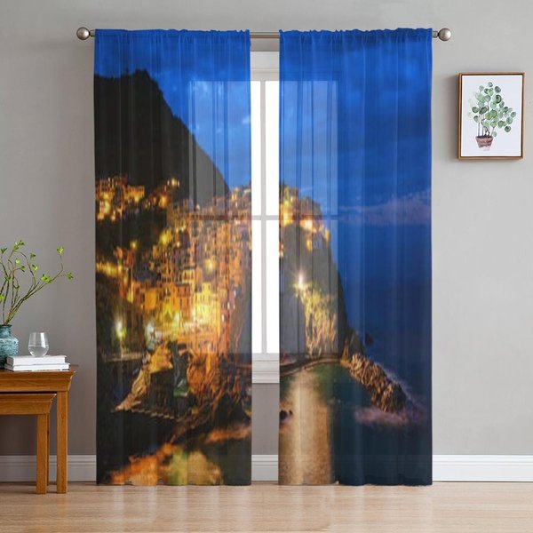 Luces Del Paisaje Urbano Cortinas Transparentes De Tul Para DecoracióN De Sala De Estar Cortina Para La HabitacióN Dormitorio Cocina Cortinas Voile Organza 135W X 114H(Cm) Black-image
