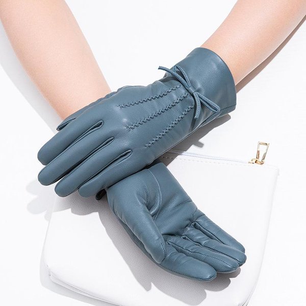 Guantes De Cuero Genuino Coloridos Para Mujer Piel De Oveja Lazo OtoñO E Invierno Ropa CáLida Guantes M Size Gray-image