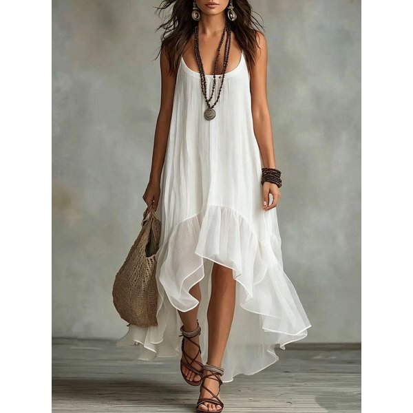 Vestido Largo AsiméTrico Sin Mangas Con Cuello En V Para Mujer Color SóLido Casual Holgado Verano Playa Xxxl Blanco-image