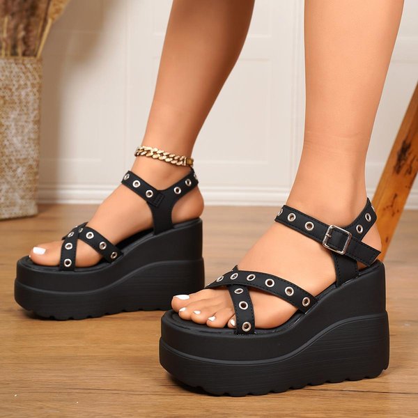 Sandalias De Mujer Verano Punta Abierta Hebilla Tacones Altos Zapatos Negro Punk GóTico Plataforma Sandalias Sexy Remaches Tacones Gruesos Zapatos Para Mujer 41EU/CN42 Negro-image