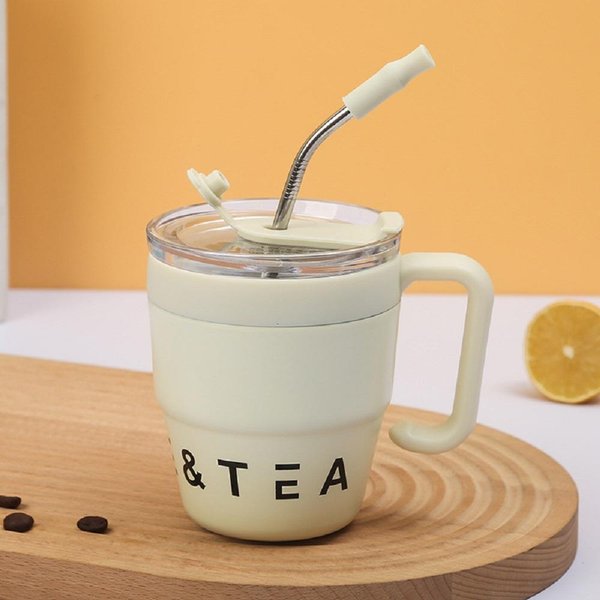 Taza De Café De 480 Ml Con Tapa De Pajita, Termo De Acero Inoxidable Para Bebidas FríAs Y Calientes, Agua, Té, Leche, Oficina, Exterior, Botella PortáTil 480Ml Negro-image