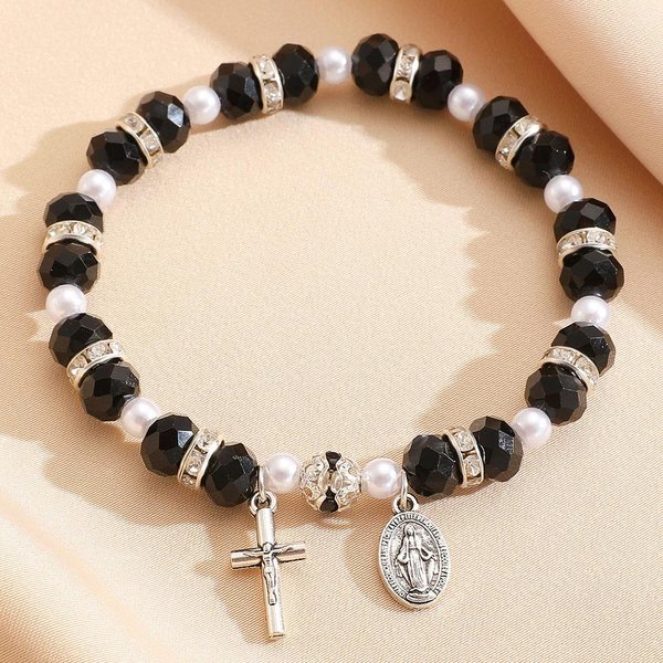 Pulsera De Perlas De Cristal Cristianas Colgante De La Cruz De JesúS Virgen MaríA JoyeríA Religiosa Para Mujeres Boho Pulsera De OracióN Regalo White-image
