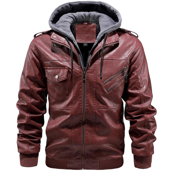 Chaqueta De Cuero PU Con Capucha De Punto Desmontable De Terciopelo Grueso Para OtoñO E Invierno Para Hombre Talla Grande Casual VersáTil Moderna Chaqueta De Cuero 5XL Gray-image
