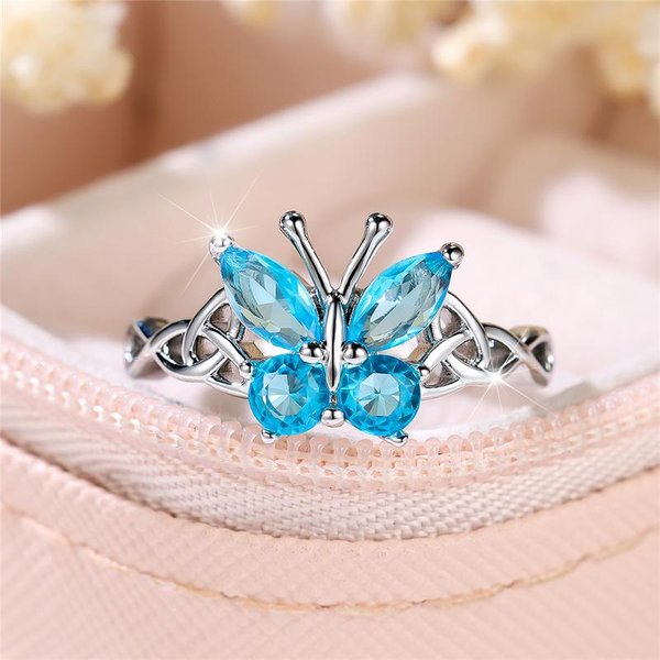 Anillo De Compromiso De Lujo Para Mujer Con Piedra De ZircóN Azul Y DiseñO De Mariposa Color JoyeríA De Boda Para Mujeres 13-image