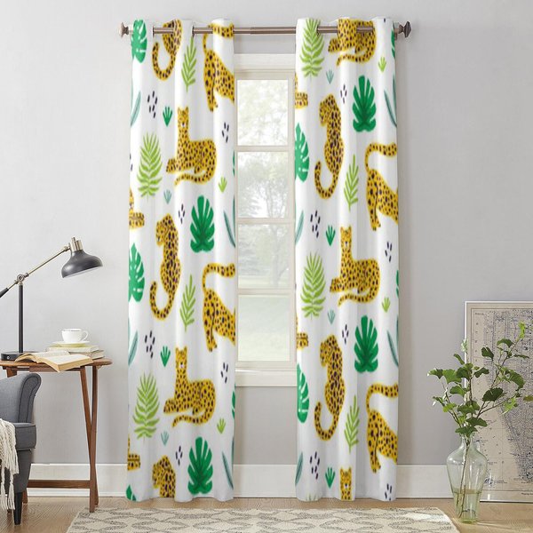 Lampart I Tropikalne LiśCie DżUngli Zwierzę Luksusowe ZasłOny Okienne Do Salonu Sypialni WystróJ Domu Kuchnia Na ZasłOny Okienne 135W X 60H(Cm) X1 White-image