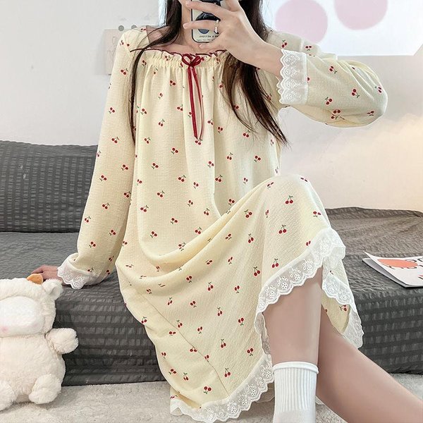 Pijama De Estilo Princesa De AlgodóN Puro Para Mujer, CamisóN De Manga Larga De Primavera Y OtoñO, Pijama Informal Holgado Nuevo Para NiñAs 2XL Amarillo-image