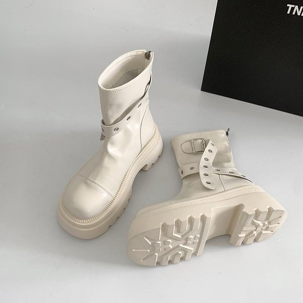 Modne Botki Damskie Z OkrąGłYm Noskiem I Klamrą, Botki Do PołOwy łYdki Na Platformie, Retro Buty Na Koturnie W Stylu Brytyjskim, Wysokie Buty Damskie Botas Mujer 39 BiałY-image