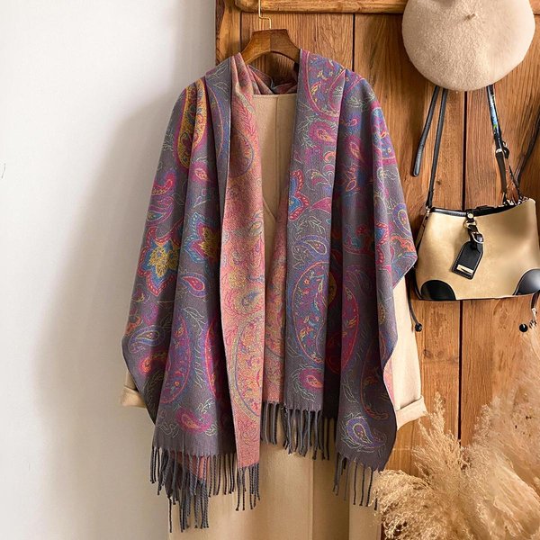 Bufanda De Cachemira CáLida De Invierno A La Moda - Pashmina Estampada Con Pintura Al ÓLeo Floral Vintage Y Borlas Para Mujer, Chal Y Poncho Grueso-image