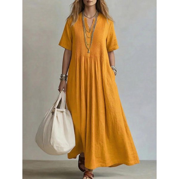 Vestido Casual Suelto De AlgodóN Y Lino Para Mujer Con Cuello En V, Mangas Cortas Y Volantes Xxxl Orange-image