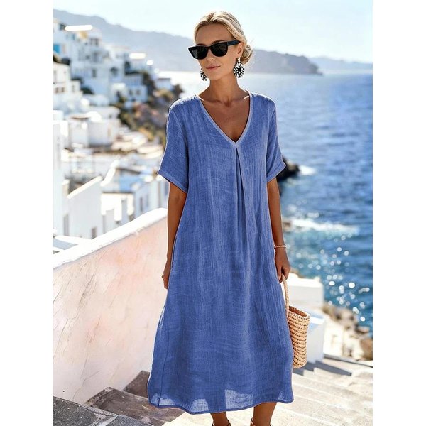 Nuevo Vestido Largo Casual De Primavera Y Verano Holgado De Manga Corta Con Cuello En V De Color Liso De AlgodóN Y Lino L Gray-image