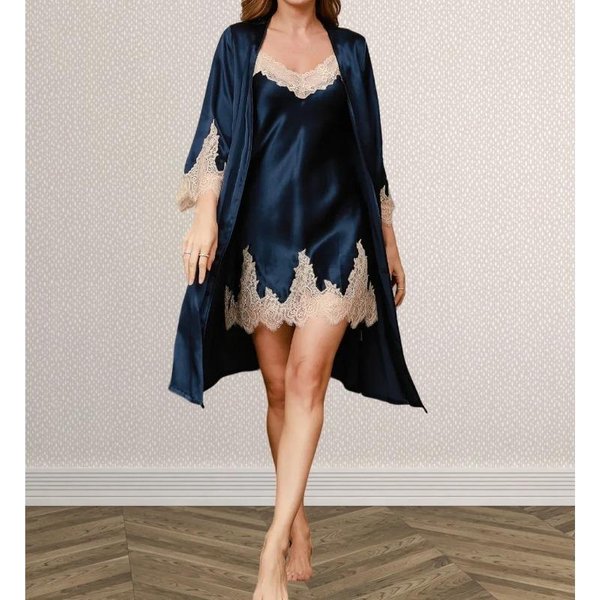 DwuczęśCiowy Damski Szlafrok Kimono Z Jedwabiu Morwowego, Koszula Nocna I Szlafrok, PiżAma I Szlafrok Z Czystego Jedwabiu Koronkowego 2XL Black-image