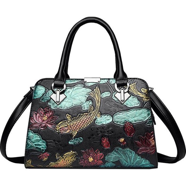 Damska Torebka Retro SzczęśLiwa Ryba Dla Mamy W ŚRednim Wieku Torba Jednoramienna Crossbody WytłAczana Torba W Etnicznym Stylu Gray-image