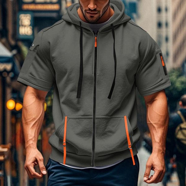MęSka Casualowa Bluza Z Kapturem Na KróTki RęKaw, Lekka, OddychająCa, LuźNy KróJ, Zapinana Na Zamek, Sportowa Bluza, Kurtka Z Wieloma Kieszeniami, Odzież Sportowa Na ZewnąTrz XXL-image