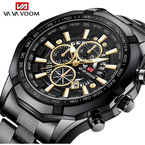 VA VA Voom MęSki Zegarek Top Marka Ze Stali Nierdzewnej Kalendarz śWiecąCy Zegar Sportowe Zegarki Kwarcowe MęSkie Business Casual Wodoodporny Zegarek Z Chronografem ZłOty/Czarny-image