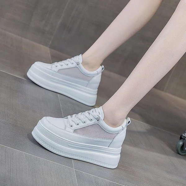 Zapatos De Plataforma De TacóN Alto Para Mujer Primavera Cuero Genuino Zapatos De Mujer Altura Del TacóN 8Cm Malla Hueca Tendencia Zapatos Para Mujer Zapatillas Skateboard 39 Blanco-image