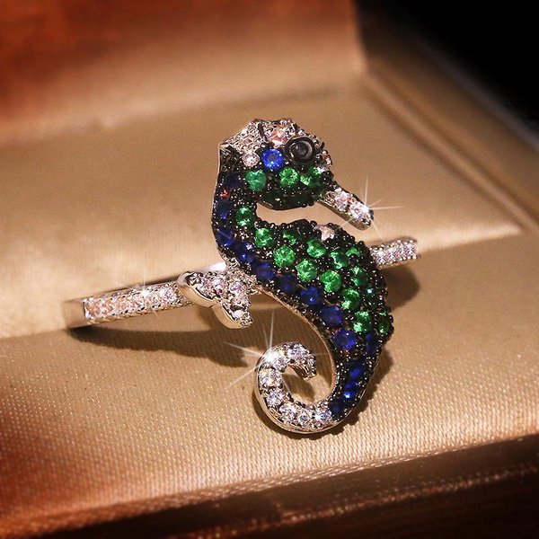 925 Anillo De Caballito De Mar Hippocampus Lindo De Colores Con Piedra De Circonita Brillante Anillo De Boda Compromiso JoyeríA De Moda Para Mujeres 9 Brown-image